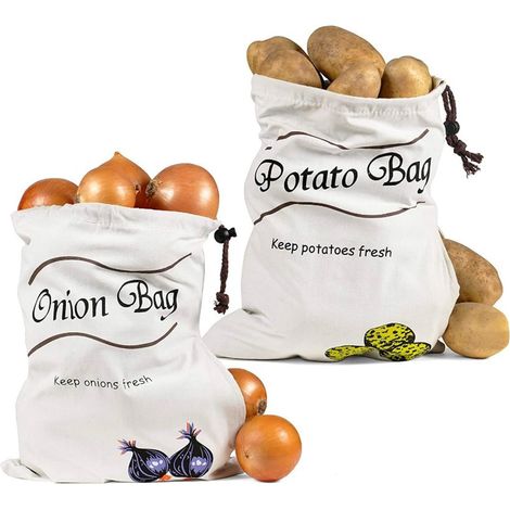 Sac Rangement Pomme de Terre Oignon, Coton Sac Pomme de Terre Conservation Avec Fermeture à Glissière Latérale Rangement Oignon Conservation 2pcs (26 35cm) (1/5)