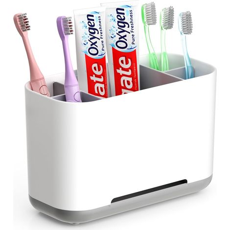 (Gris) Porte Brosse à Dents Amovible, Support Brosse a Dent Electrique Porte brosses à Dents avec 2 Compartiments et Trous de Drainage Stand Dentifric
