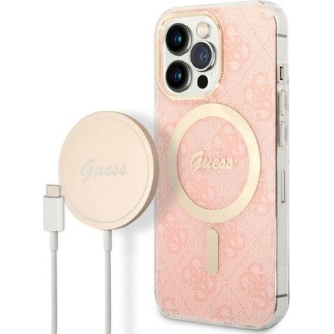 Funda Guess GUBPP13LH4EACSP + Cargador para iPhone 13 Pro rosa/rosa, carcasa rígida, 4G, estampado, MagSafe (1/5)
