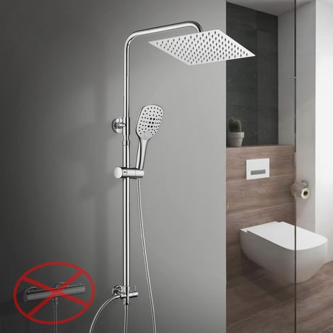 Colonne de Douche en Acier inoxydable sans Mitigeur, Ensemble de Douche Pluie Mural avec Douchette Salle de Bain et Pommeau Douche 20x20 cm Chromé (1/5)