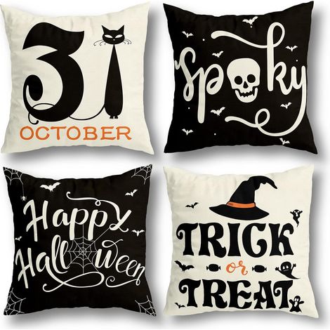 Décorations d'Halloween Housses de coussin 18 x 18 Lot de 4 pour décoration d'Halloween Intérieur extérieur, Articles de fête Ferme Décoration d'intérieur Coussins Couverture Toile d'araignée Chat Crâ (1/2)