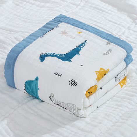 Serviette de bain bébé coton doux, motif dinosaure bleu foncé, couverture respirante et lavable pour nouveau-né (1/5)