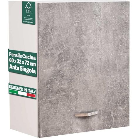 Armoire Murale Suspendue en Bois avec Porte Simple 1 étagère et 2 Compartiments, Armoire Murale spacieuse et résistante, Couleur Gris Ciment, Dimensions 60 x 32 x 72 cm (1/5)