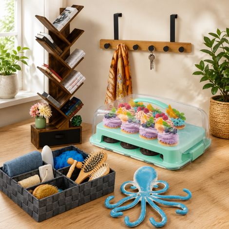 Juego de estanterías en forma de árbol (5 piezas): gancho con forma de pulpo, caja para magdalenas, estante para colgar en la puerta y cesta (1/5)
