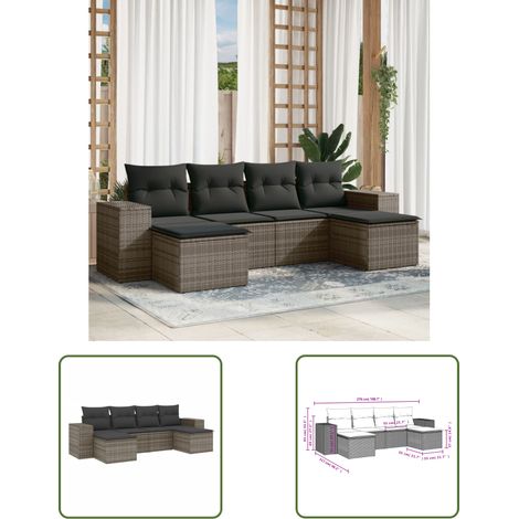 The Living Store 6-tlg. Garten-Sofagarnitur mit Kissen Grau Poly Rattan - Gartensorte - Outdoor Möbel - Lounge Set - Gartenlounge - Rattan Gartenmöbel