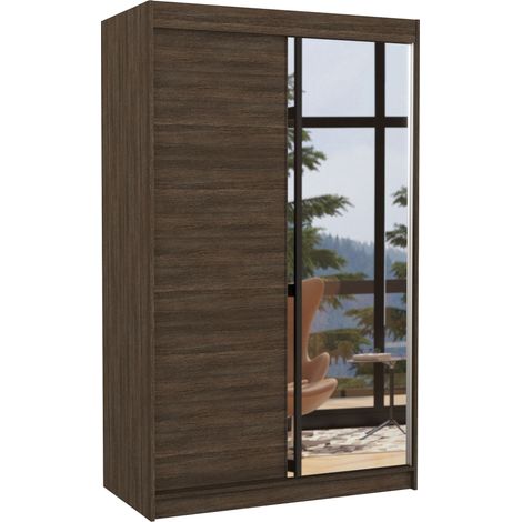 Petite armoire de chambre 2 portes coulissantes 1 bois marron 1 miroir Roxane 120cm (1/5)
