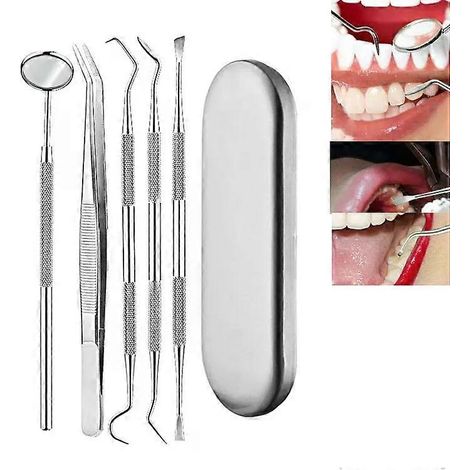 Ensemble d'outils dentaires en acier inoxydable - Kit de détartrage 5 en 1 dans une boîte argentée (1/5)