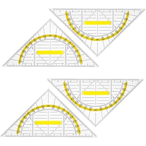 Lot de 4 équerres géométriques transparentes de 16 cm avec poignée, rapporteur géométrique 2 en 1 en plastique, équerre scolaire en plastique - Idéal pour les étudiants, les designers et les peintres (1/5)
