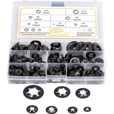 Assortiment de 680 rondelles plates dentées Starlock, dents internes, acier au carbone, M3–M12