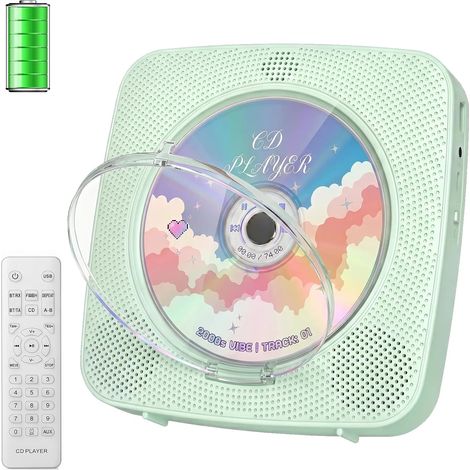 Lecteur CD Portable Bluetooth 1800mah Lecteur CD de Bureau pour la Maison Lecteurs CD avec Deux Haut - parleurs Télécommande Housse Anti-poussière Affichage Radio FM Minuterie USB Aux (Vert) (1/5)
