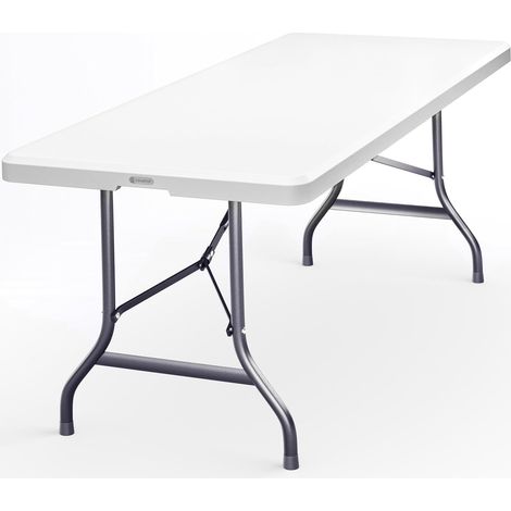 Table de camping pliable rectangulaire 220x70cm pour 10 personnes, plateau plastique blanc, cadre acier, poignée de transport, charge max 75kg, table de pique-nique buffet jardin (1/3)