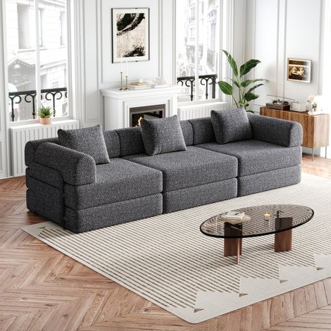 Canapé convertible 1 place chenille gris rangement OKMYHOME (1/5)