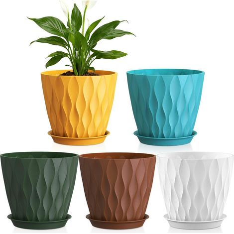 Blumentopf 5er Set Ø 17,6 cm mit Untersetzer, Kunststoff, 3D-Wellenstruktur, für Innen & Außen (1/5)