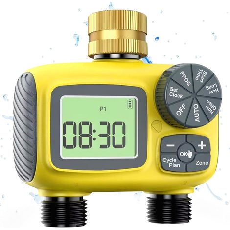 Minuterie avec 2 sorties pour différentes zones, étanche IP55, retard de pluie, minuterie numérique, contrôle intelligent de l'irrigation, tuyau goutte à goutte, minuterie d'arrosage (1/5)