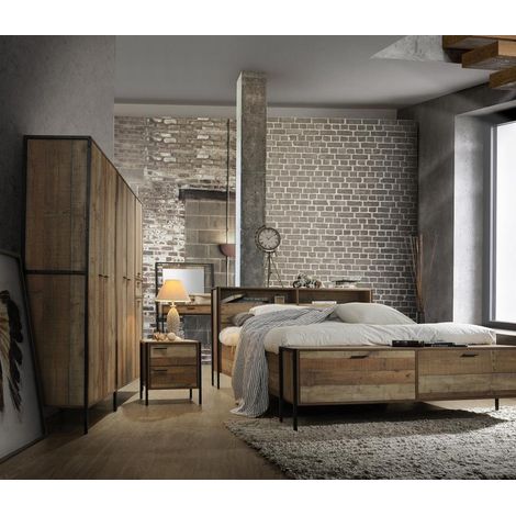 Rustic Industrial 3 Piece Bedroom Set With 4 Door Wardrobe Oak Wood Black Metal Frames (1/5)