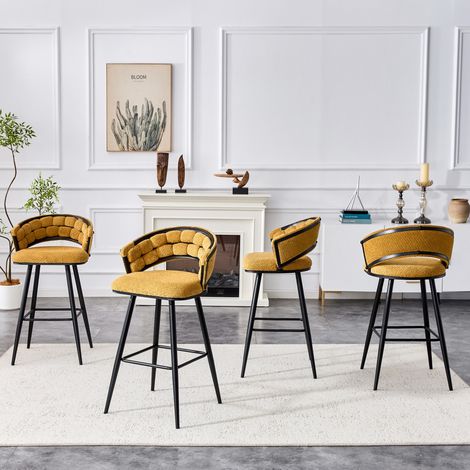 CHICFURN Lote de 4 taburetes de bar de terciopelo amarillo con patas negras y respaldo (1/5)