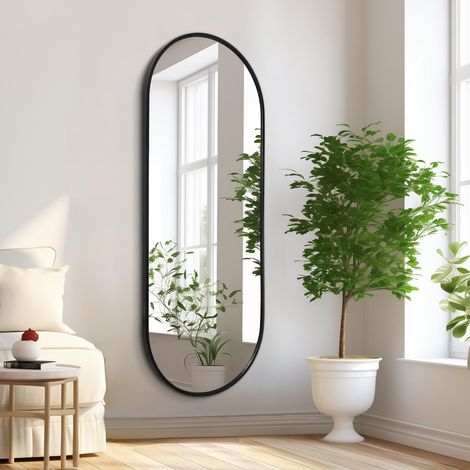 Miroir mural ovale noir pleine longueur pour salle de bain, cadre en aluminium, miroir mural rectangulaire en forme de pilule pour vanité, salon, entrée 120 x 40 cm (1/5)
