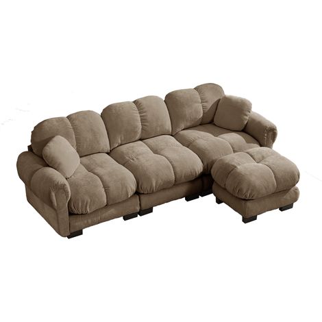 3-Sitzer-L-Ecksofa aus braunem Chenille mit beweglicher Ottomane und 2 Zierkissen (1/5)