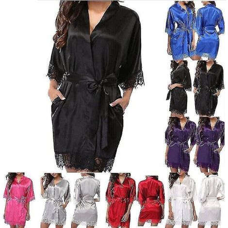 Schwarzer Satinmorgenmantel – Größe S – Ideal für Hochzeiten, Brautjungfern oder als Kimono – Morgenmantel/Pyjama – Schwarz (1/3)