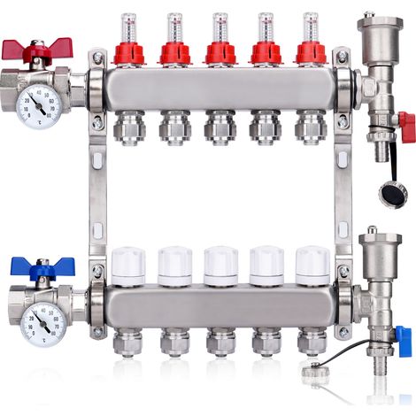 Kit Collecteur Radiateur, 5 Circuits Distributeur Chauffage, avec Thermomètreavec, avec Eurocône 3/4 (16 x 2 mm), Vannes à Boisseau Sphérique 1", avec Purgeur Manuel et Débitmètre, Distributeur HKV