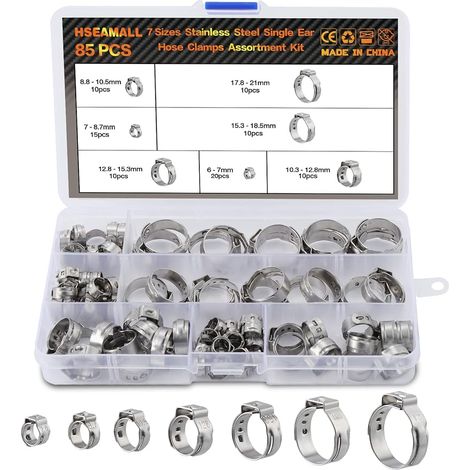 85 pcs 7-21 mm Oreille Simple Collier de Serrage R├ęglable en Acier Inoxydable Assortiment Kit (1/5)