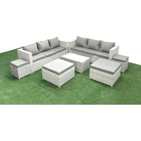 Fimous 7 Pieces Rattan Garden Furniture Set Outdoor Garden Sofa Coffee Table Set with 4 Footstools Light Grey Mixed (1/5)