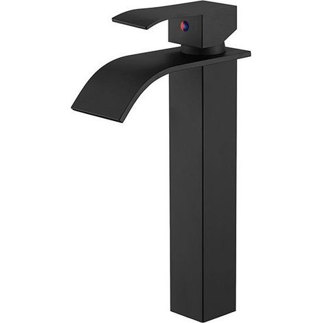 Black Basin Faucet, High Countertop Bathroom Sink Mixer Tap, Large Square Spout Stainless Steel Faucet, Hot and Cold Water Available, Spout Height 204mm (1/5)