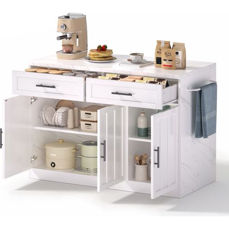 Îlot de cuisine avec bar, 2 tiroirs, 3 portes, prises USB et plan de travail effet marbre blanc, meuble de rangement compact pour cuisine – CHICFURN (1/5)