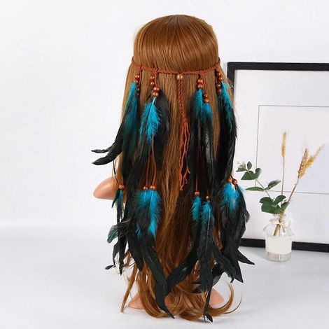 Bandeau bohème pour femmes, style hippie vintage, avec plumes, compatible avec les coiffures ethniques indiennes. Accessoires pour cheveux. (1/4)