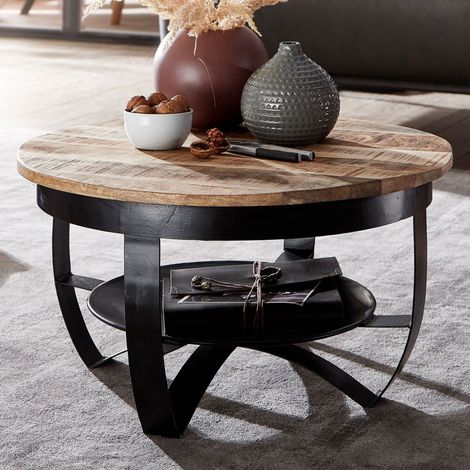 Table basse double plateau 60x60x34 cm en manguier et fer (1/4)