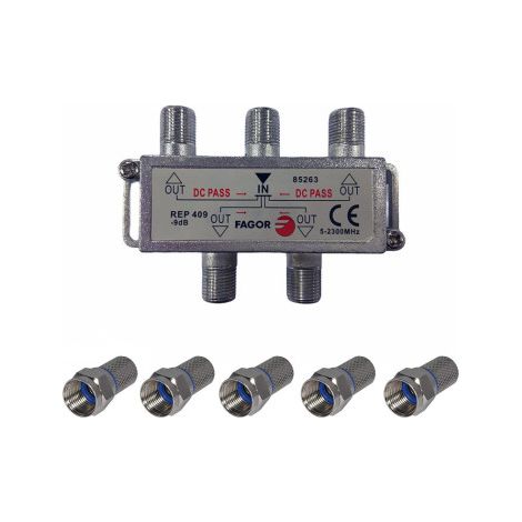 Pack FAGOR Répartiteur Antenne TV ou SAT 1 Entrée 4 sorties 5-2300Mhz + 5 Fiches F 7mm Haute Qualité (1/3)