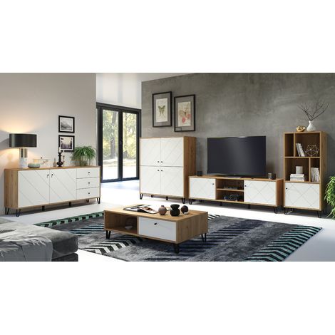 Wohnzimmer Möbel Set modern TORINO-19 skandinavisches Design in Artisan Eiche Nb. mit weiß matt, B/H/T: ca. 399/136/40 cm (1/5)