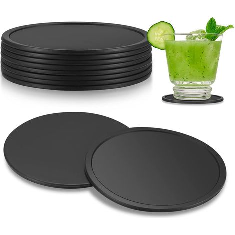 Dessous de verre en silicone, lot de 8 avec supports, ronds, antidérapants et résistants à la chaleur, noirs, pour la maison et le bar-AquaForge (1/4)
