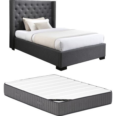 Letto 120 x 200 cm con testata trapuntata Tessuto Grigio + Materasso - MASSIMO