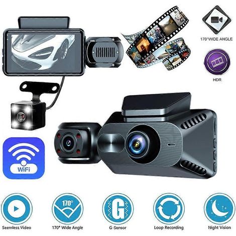 Cámara de salpicadero para coche 1080P Wifi 3 canales Cámara frontal, interior y trasera para coche Visión nocturna Grabación en bucle Grabadora de vídeo para coche (1/5)