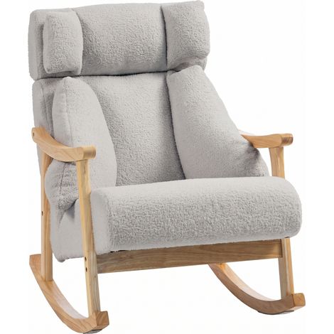 HOMCOM silla mecedora con reposacabezas ajustable, tapizada en borreguito, asiento amplio, acolchado grueso, base de madera, gris claro (1/5)