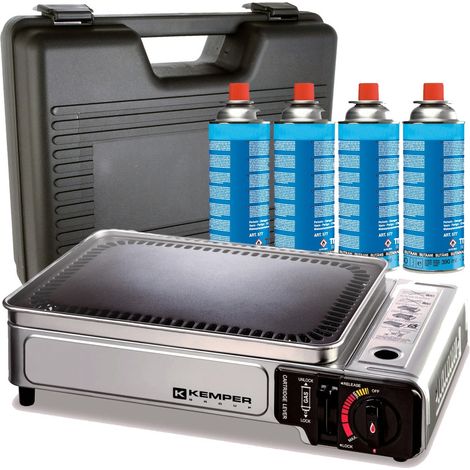Kemper – Plancha à gaz portable 2300W – Brûleur en U inox – Surface de cuisson 34 x 25 cm – Valise de transport avec 4 cartouches butane (1/5)