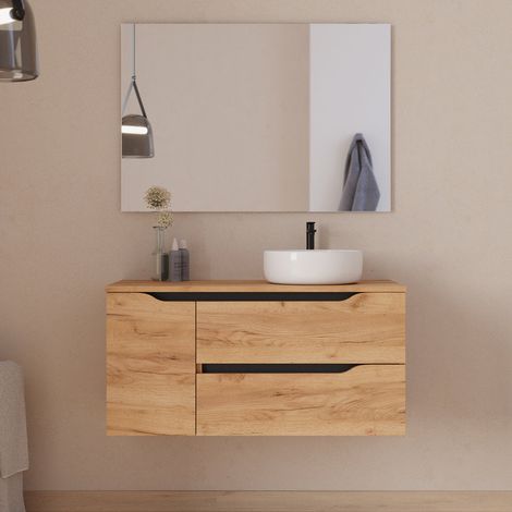 Meuble de salle de bain 100cm avec plateau, vasque à poser déportée à droite Ares et miroir - 2 tiroirs et un placard - roble (chêne clair) - ZARZA