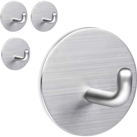 4 Pack Self-Adhesive Heavy Duty Hooks for Hanging Washcloths, Waterproof Bathroom Hooks, Nail-Free Removable Wall Hooks, Silver Stainless Steel - (1/5)