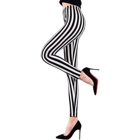 Leggings extensibles taille mi-haute longueur cheville pour femme, à rayures verticales noires et blanches (1/5)