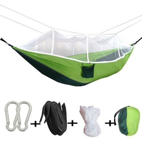 Hamac 260x140 cm in Nylon Taffeta - with Mosquito Net and Bag - Lightweight, Durable, Mosquito-Proof - Green - Ideal for Camping and