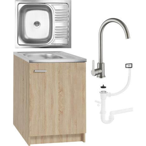 Meuble de cuisine 60 slim - Chêne sonoma - Avec évier et robinet chromé - Idéal pour petits espaces (1/5)