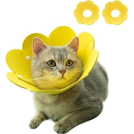 Colliers pour chat 2 pièces, colliers de récupération pour animaux de compagnie Cône anti-morsure Protection réglable Forme de motif de tournesol pour chien et chat (jaune), Ensoleillé (1/5)