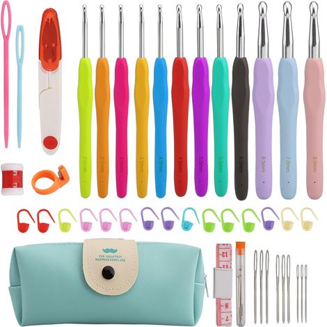 Kit di 44 uncinetti - 12 misure per principianti - Impugnatura morbida ed ergonomica - Accessori colorati per l'uncinetto - con borsa portaoggetti