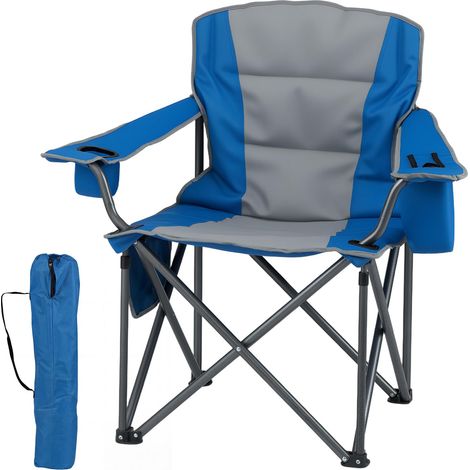 COSTWAY Chaise Pliante Camping, Fauteuil Extérieur Rembourré, Charge 180kg, Poche Isotherme, Porte-Gobelet, Poche de Rangement, Chaise Peche Portable pour Voyage Camping, 97,5x63x99cm (Bleu + Gris) (1/5)