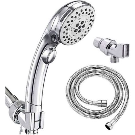 Pommeau de douche chromé galvanisé avec bouton d'arrêt, pommeau de douche à main + bras de suspension + tuyau de 1,5 m, 1 pièce (1/5)