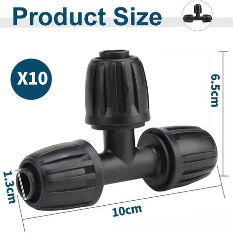 Packung mit 10 T-Verbindern für Tropfbewässerungsschläuche, für 16-mm-Verbindungsschläuche, für Tropfbewässerungsschlaucharmaturen (Schwarz) (1/4)