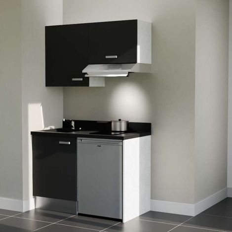 Kitchenette K01L - 120 cm - plan monobloc évier intégré Nero- évier à gauche - Façades Noir + Electroménager inclus coloris Inox (1/5)