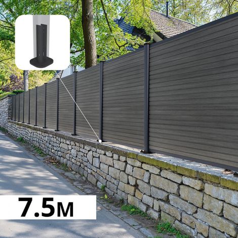 Kit Clôture Composite sur Muret SANTOS Ardoise 7,5x1,2m - Bois composite & Aluminium - Poteaux sur Platines Gris - Brise vue