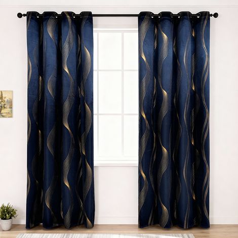 Une paire de rideaux occultants pour chambre une paire de rideaux rayés luxueux pour salon (bleu marine et doré, 2 x 54 x 84 pouces)